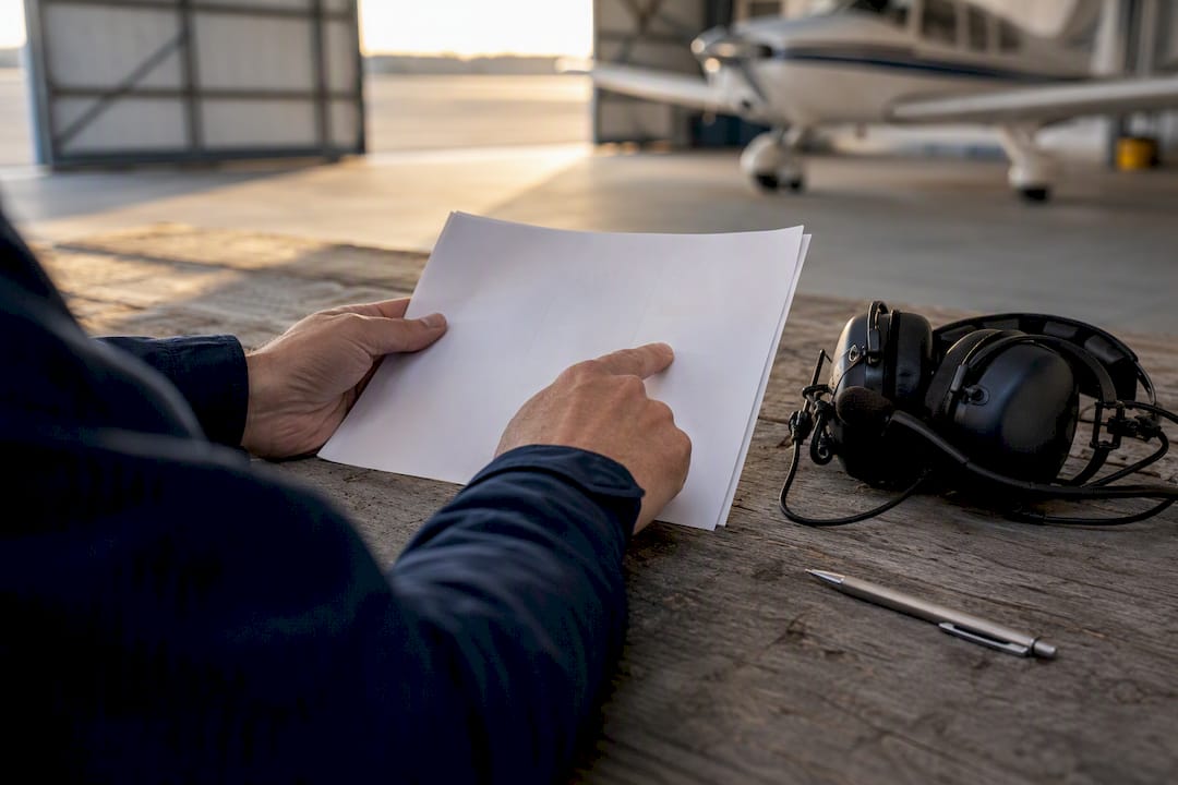 Pilot reading printed METAR TAF report