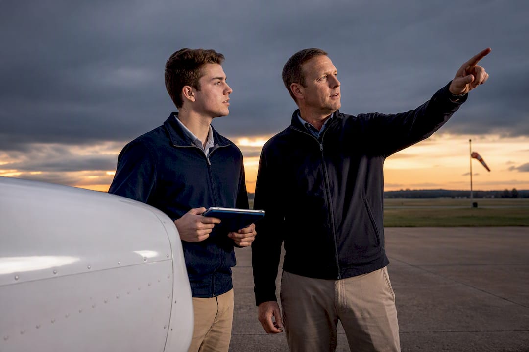 Pilots assessing weather before engine start