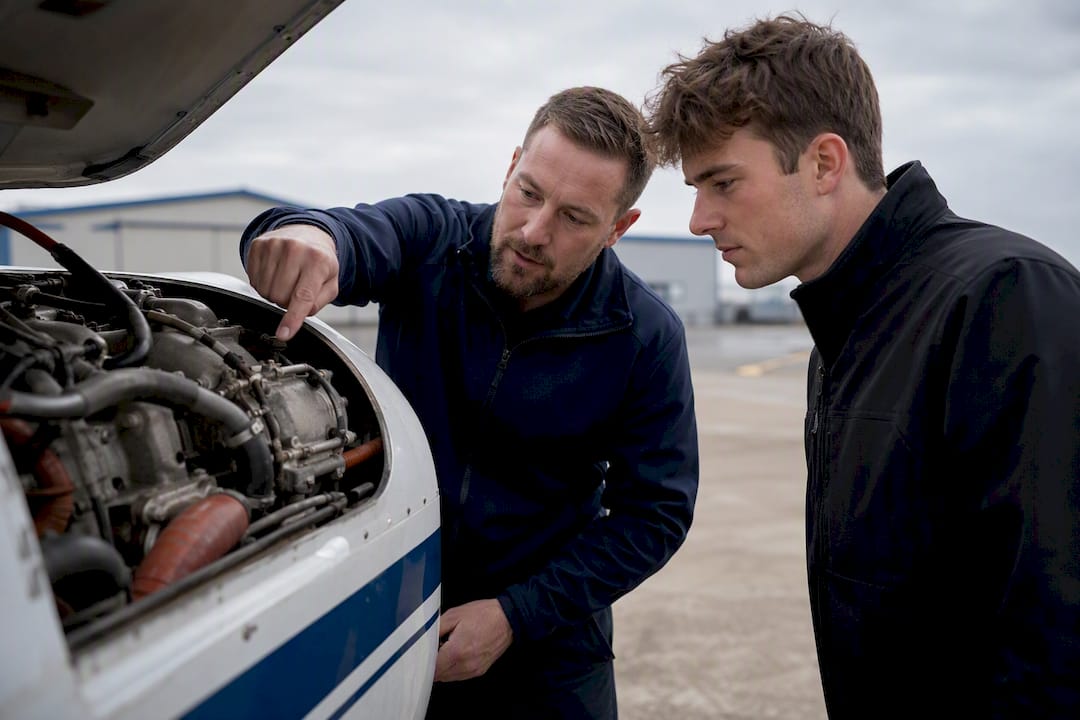 Pilot inspecting engine after rough runup