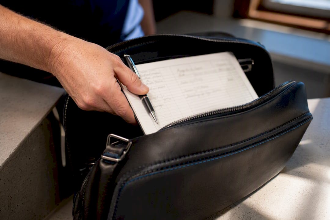 Instructor placing endorsed logbook in flight bag
