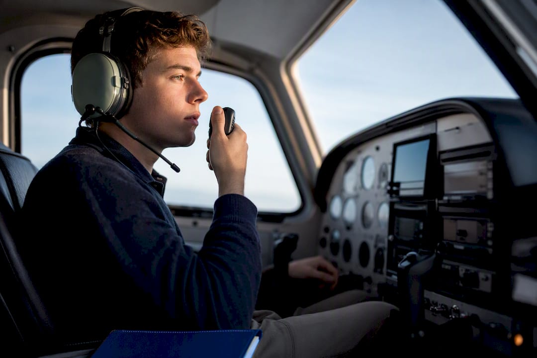 Student pilot making a radio transmission