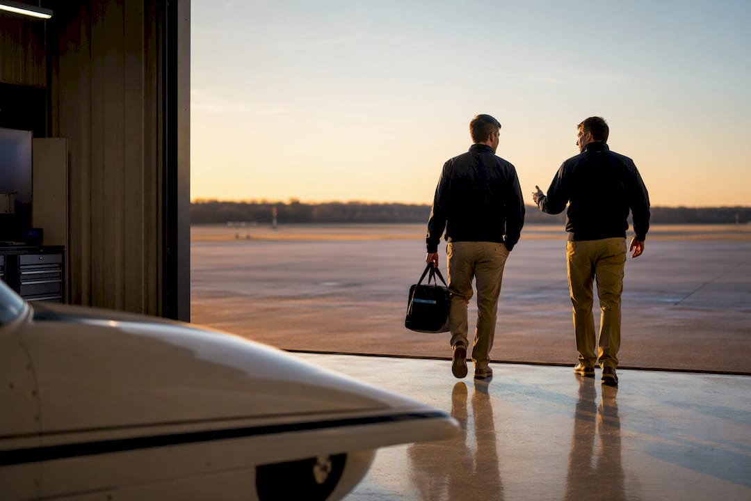 Student pilots approaching a training hangar
