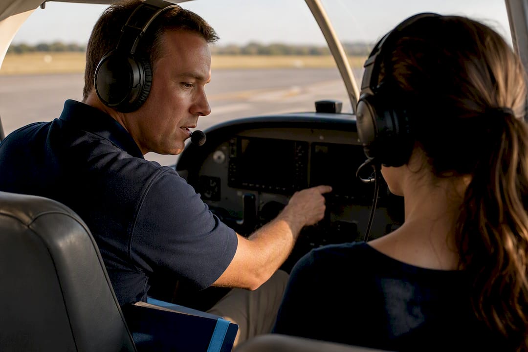 Instructor demonstrating controls during discovery flight