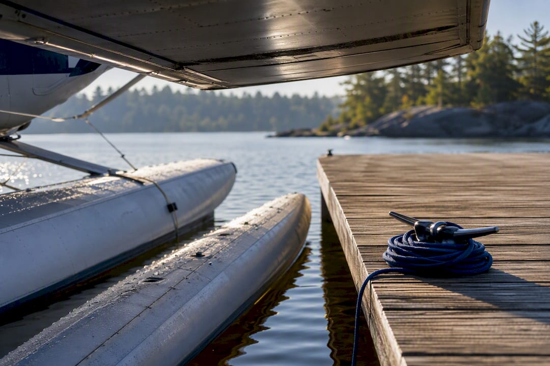 High-wing floatplane beside a quiet dock