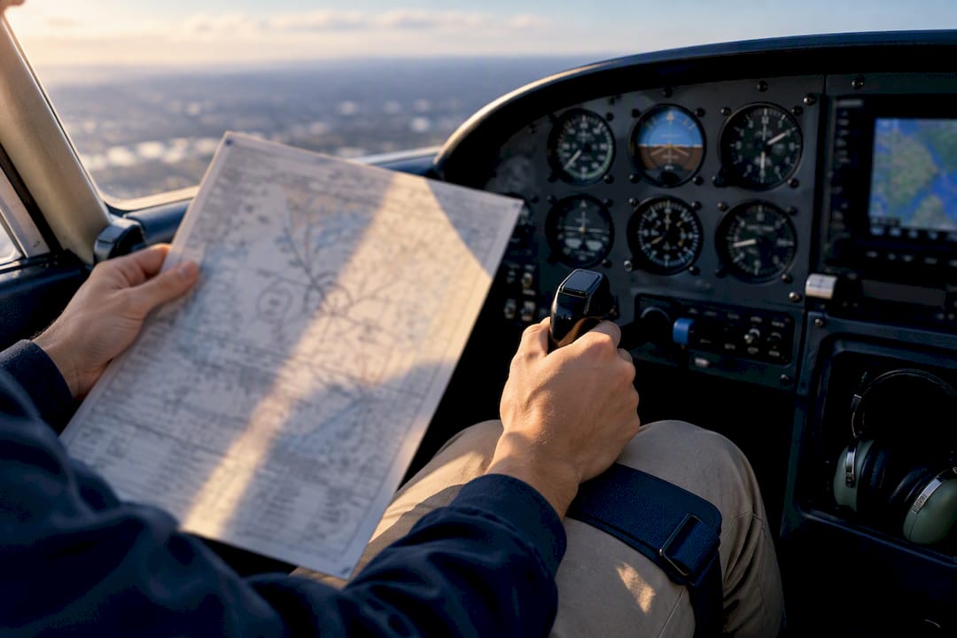 Student pilot comparing approach minima in cockpit