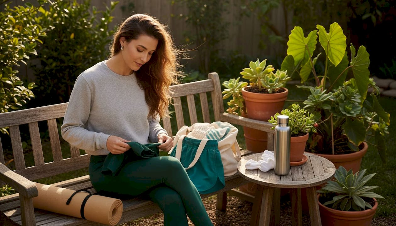 Woman choosing between leggings and shorts at home