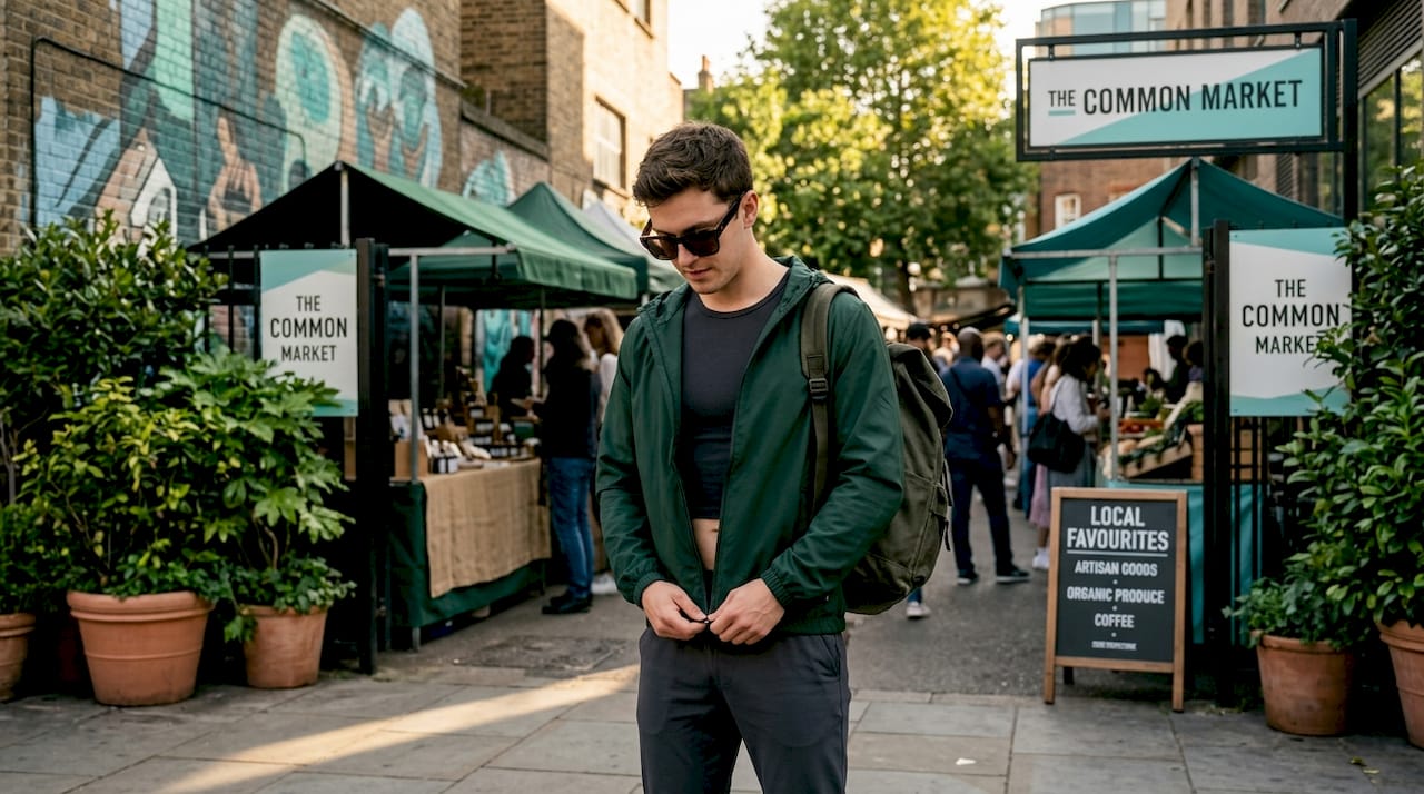 Man layering windbreaker over crop top near café window