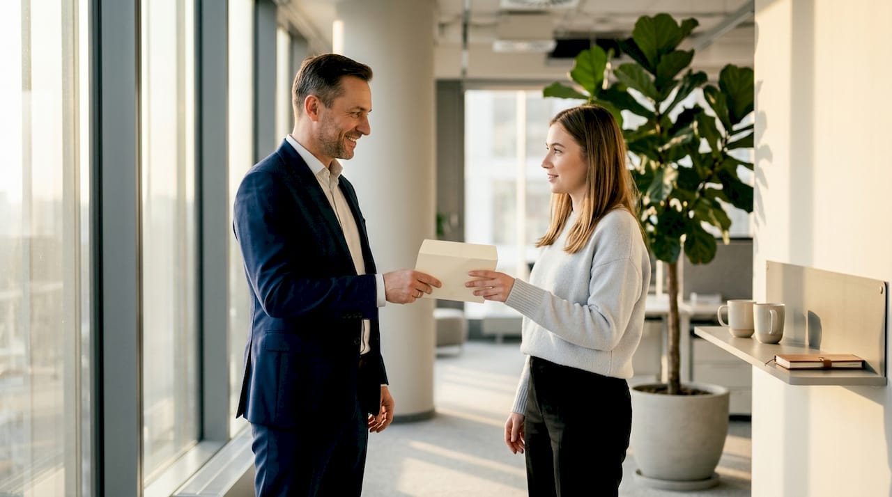 Szef wręcza pracownicy firmowy benefit podczas spotkania w biurze, na przykład nowoczesny laptop, kartę sportową lub voucher na szkolenie. Przedstawia to moment docenienia i motywacji zespołu, podkreślając znaczenie dbania o pracowników i ich rozwój zawodowy.