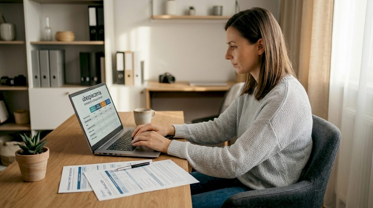 Kobieta przegląda na laptopie oferty ubezpieczeń zdrowotnych, porównując dostępne opcje.