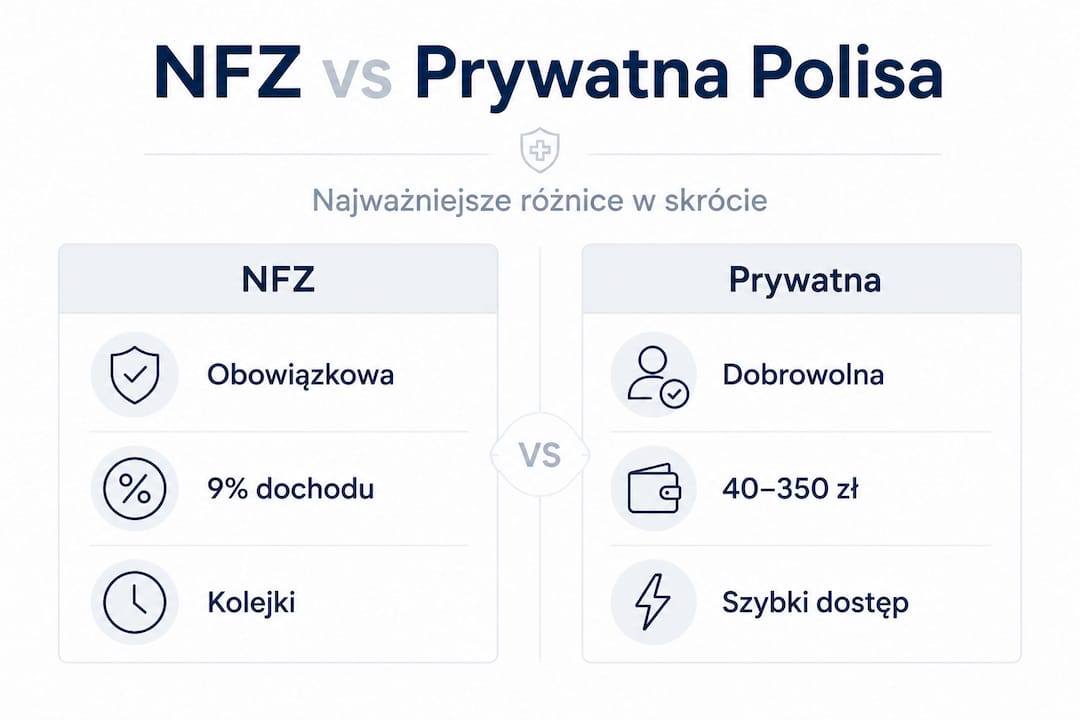 Infografika pokazująca różnice między leczeniem na NFZ a prywatnym ubezpieczeniem zdrowotnym