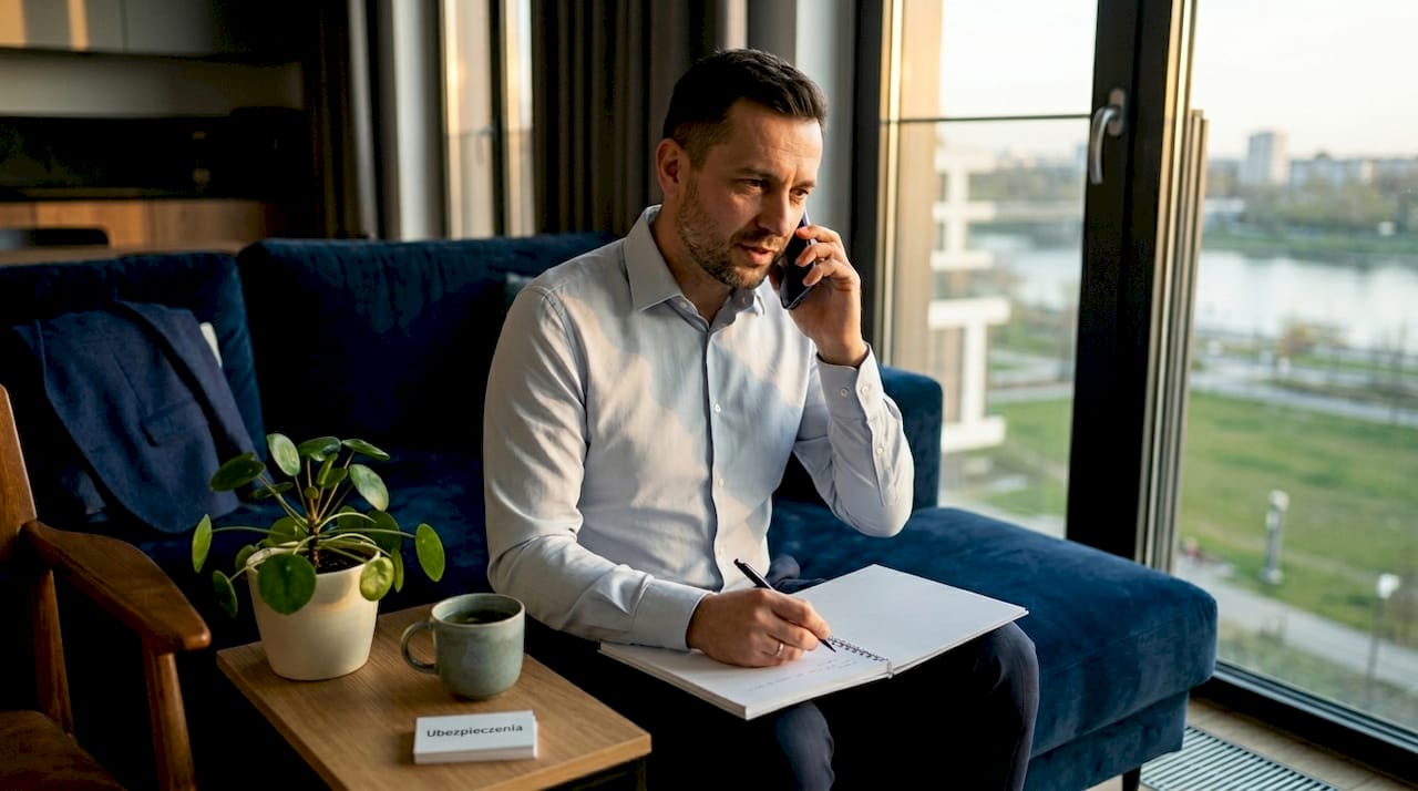 Mężczyzna rozmawia przez telefon z doradcą o szczegółach ubezpieczenia.