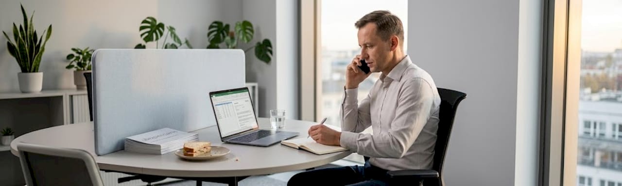 Doradca ubezpieczeniowy sporządza notatki podczas rozmowy telefonicznej
