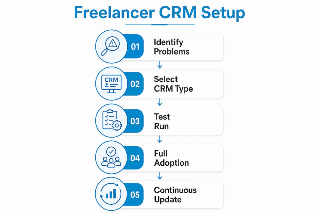 Infographic illustrating CRM setup steps for freelancers