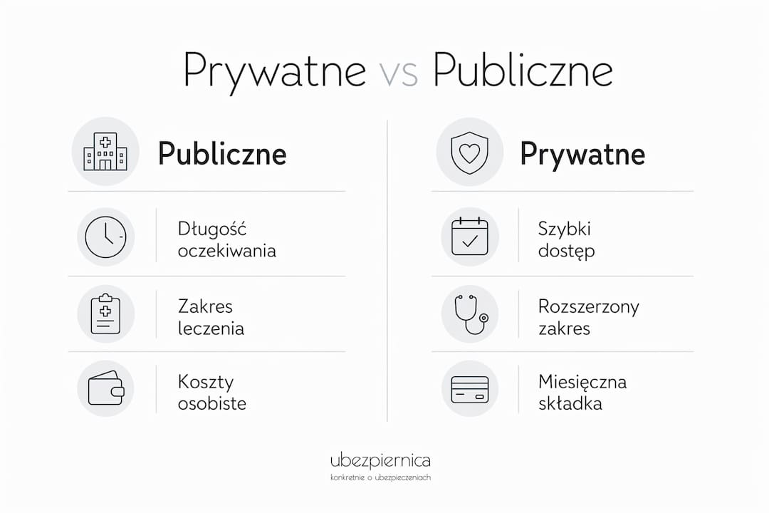 Grafika przedstawiająca zestawienie zalet i wad prywatnych oraz publicznych ubezpieczeń zdrowotnych