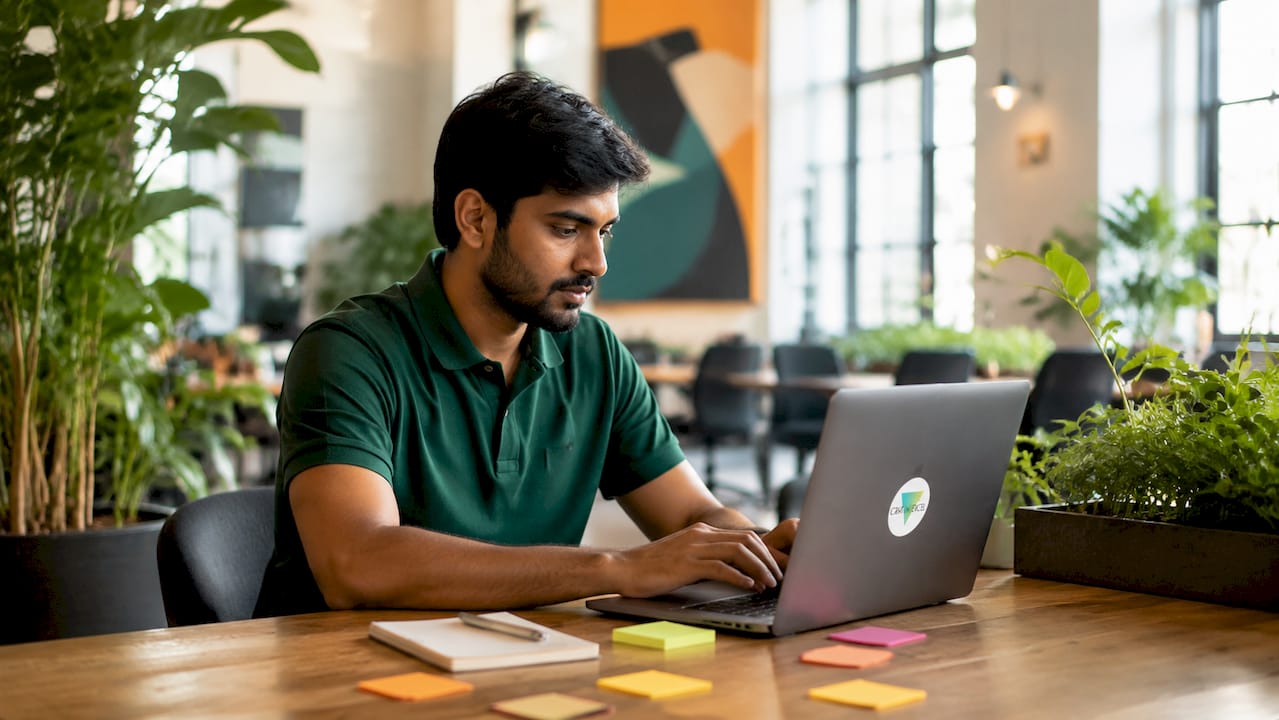 Hands scrolling Excel CRM on laptop in office