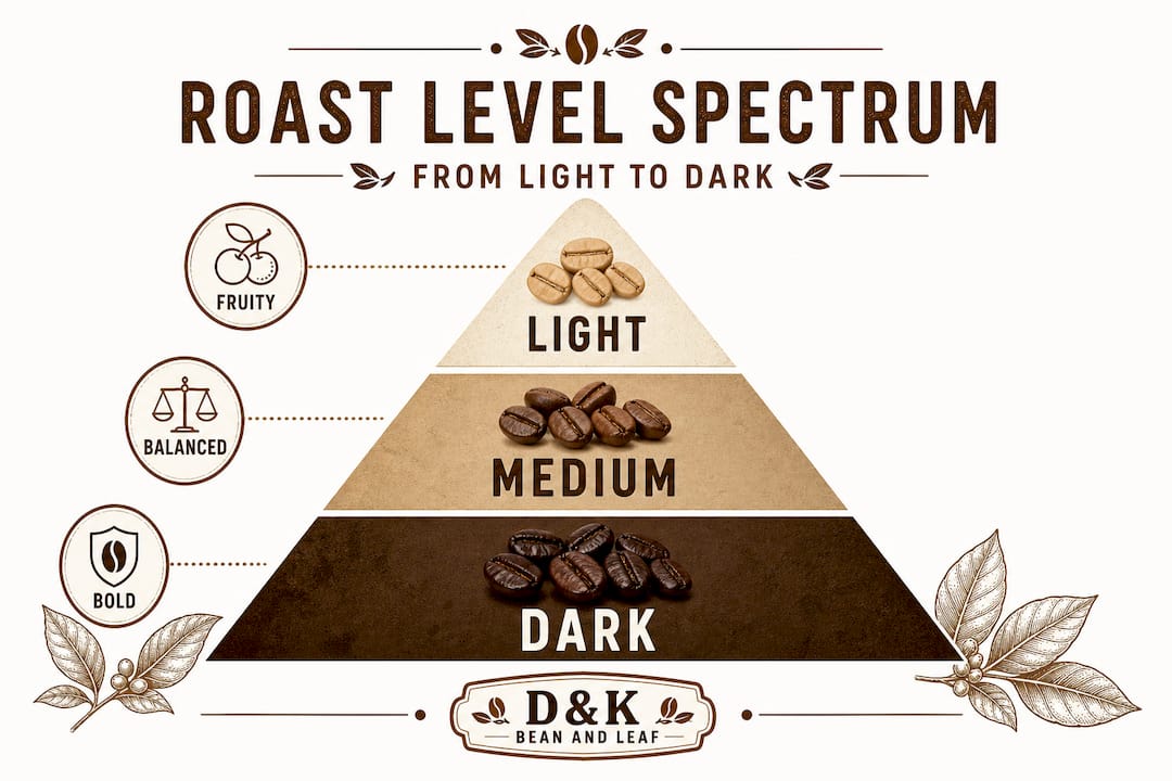 Infographic showing coffee roast levels and key flavors