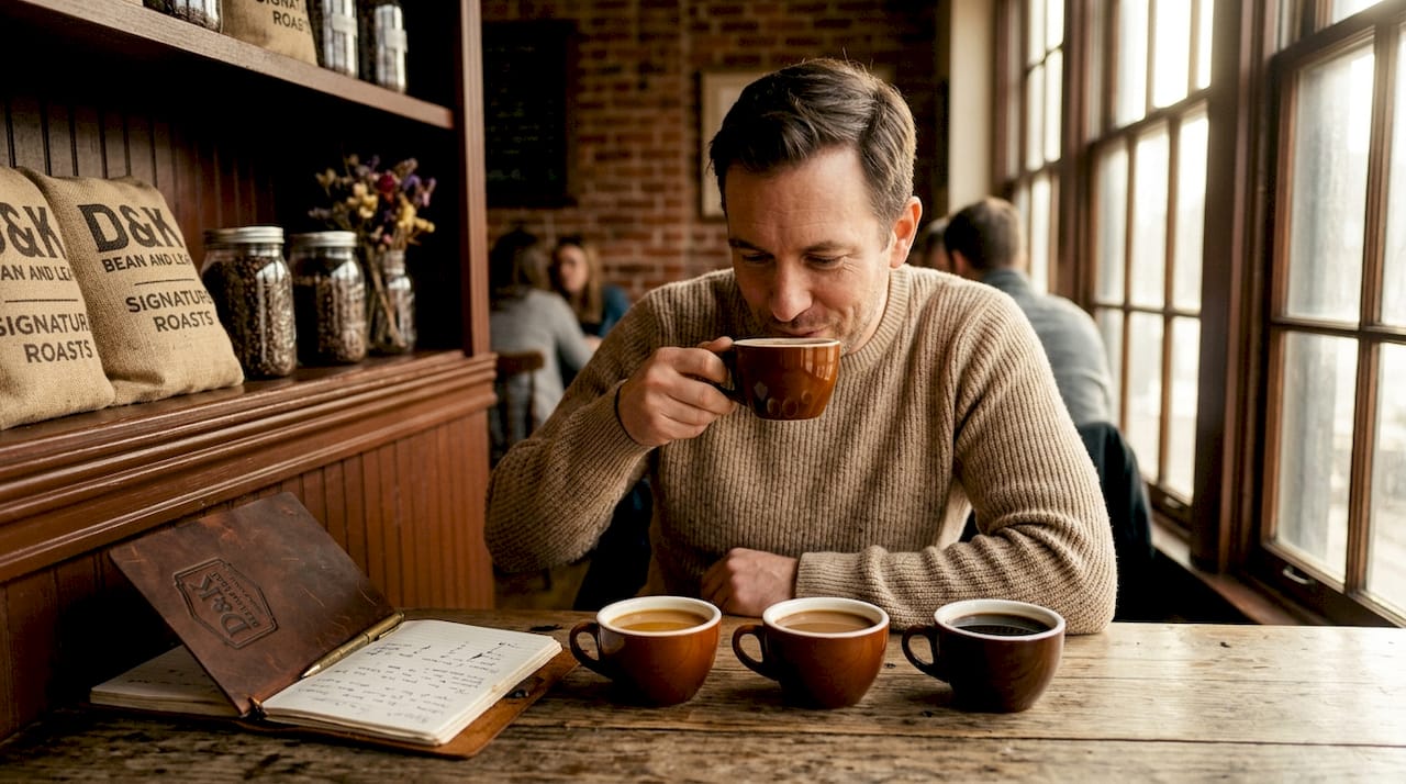 Person tasting three coffee roasts at kitchen table