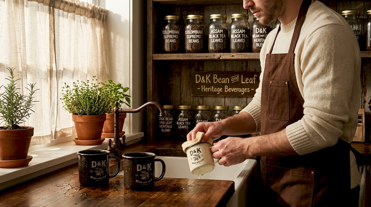Man carefully hand-washing coffee mugs in kitchen