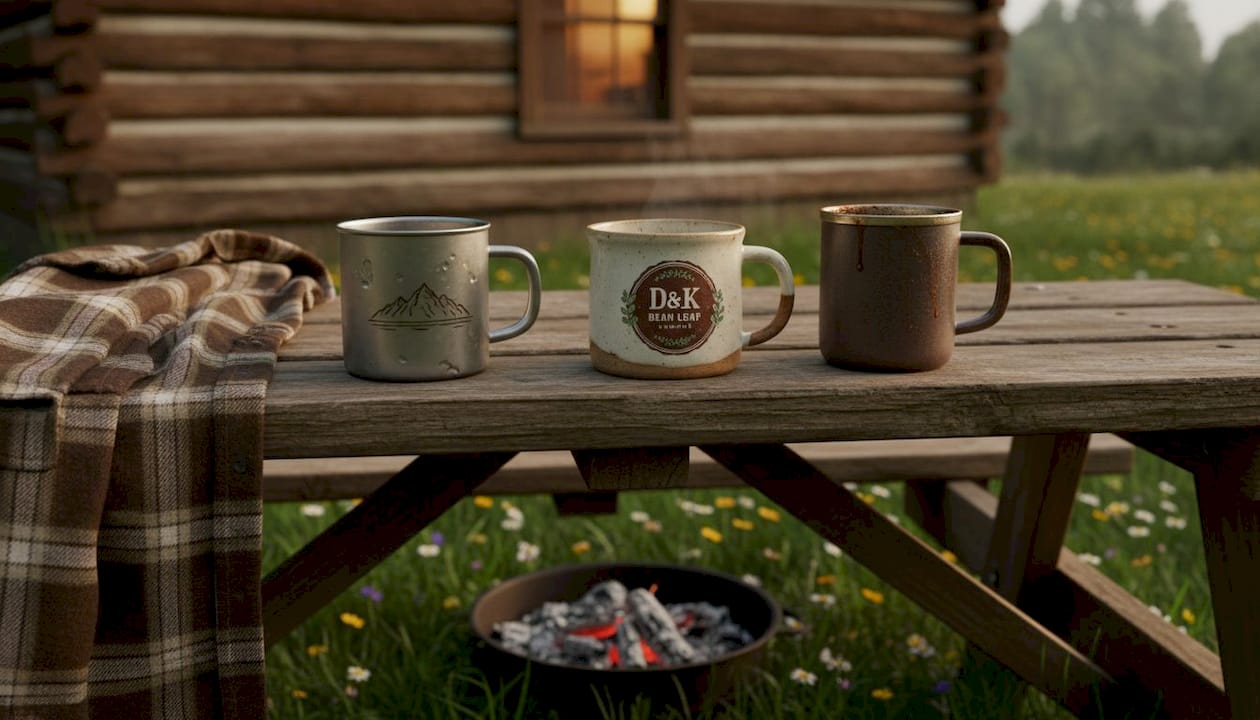 Outdoor bench with three camp mugs