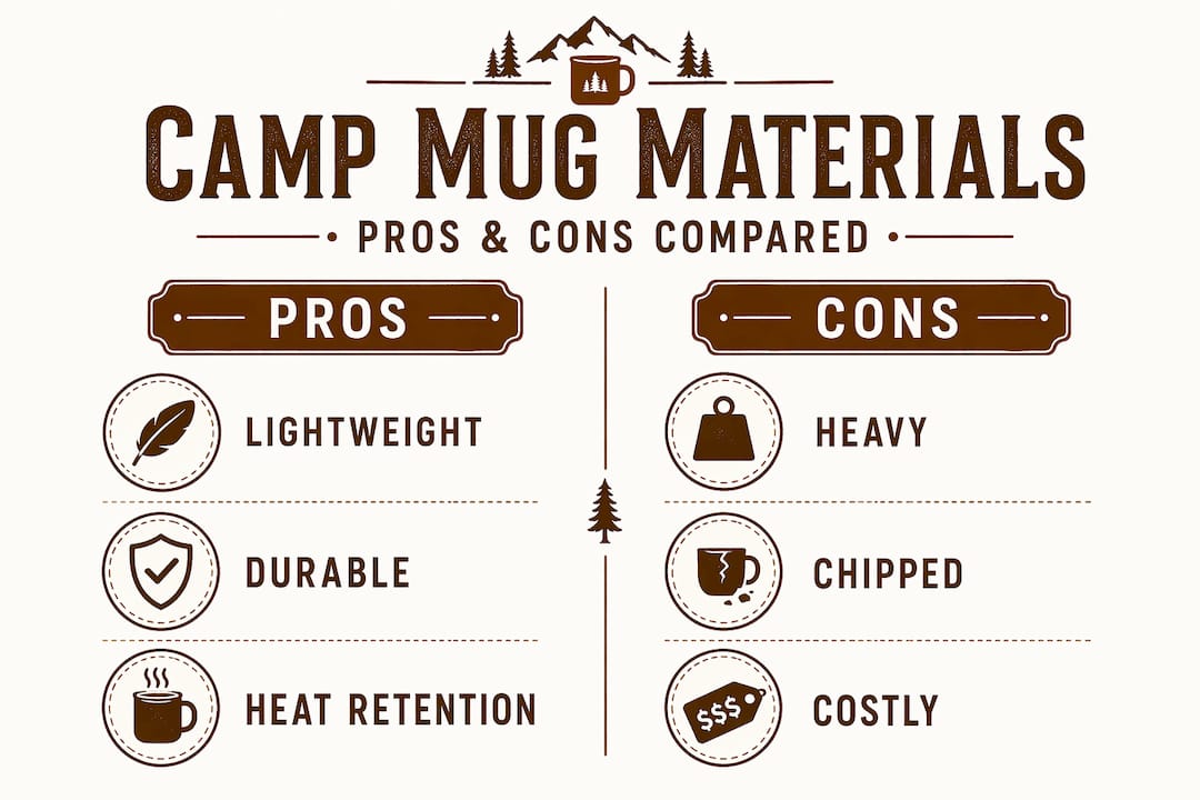 Infographic comparing camp mug materials pros and cons