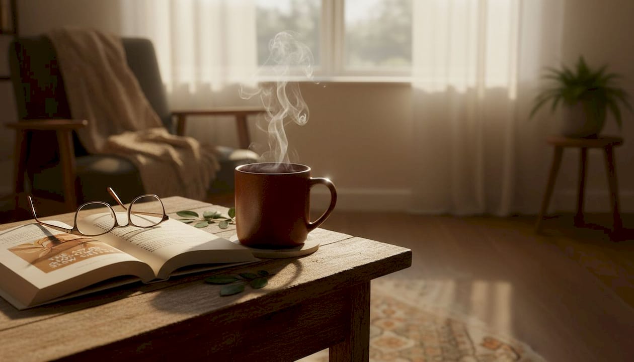 Steaming coffee mug on side table in living room