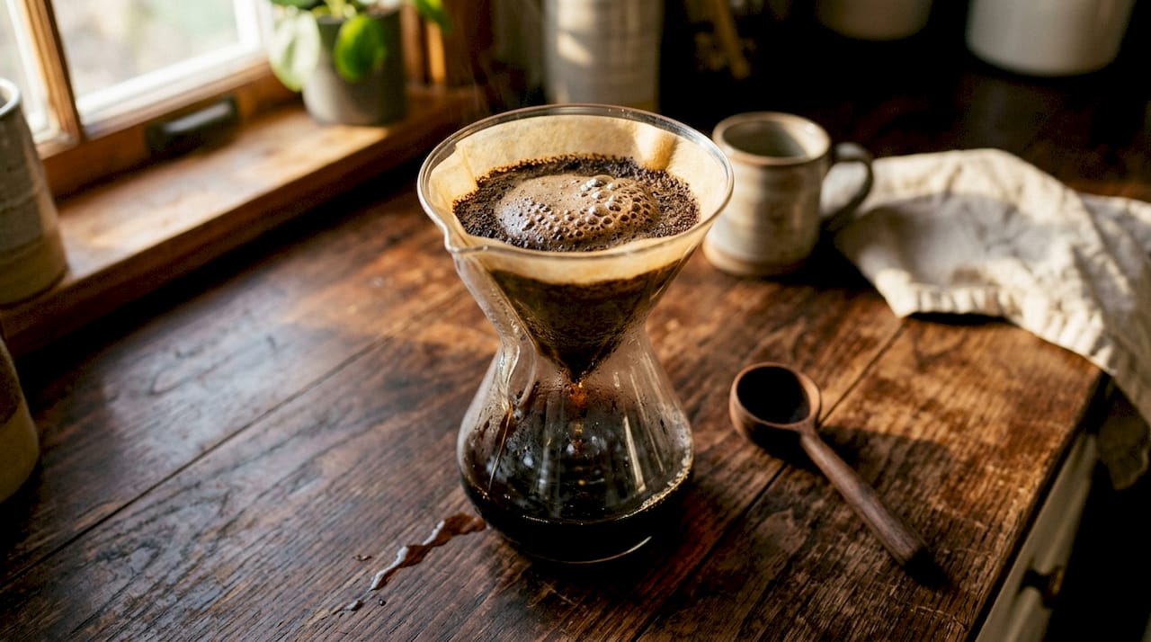 Close-up of coffee bloom bubbles in pour-over