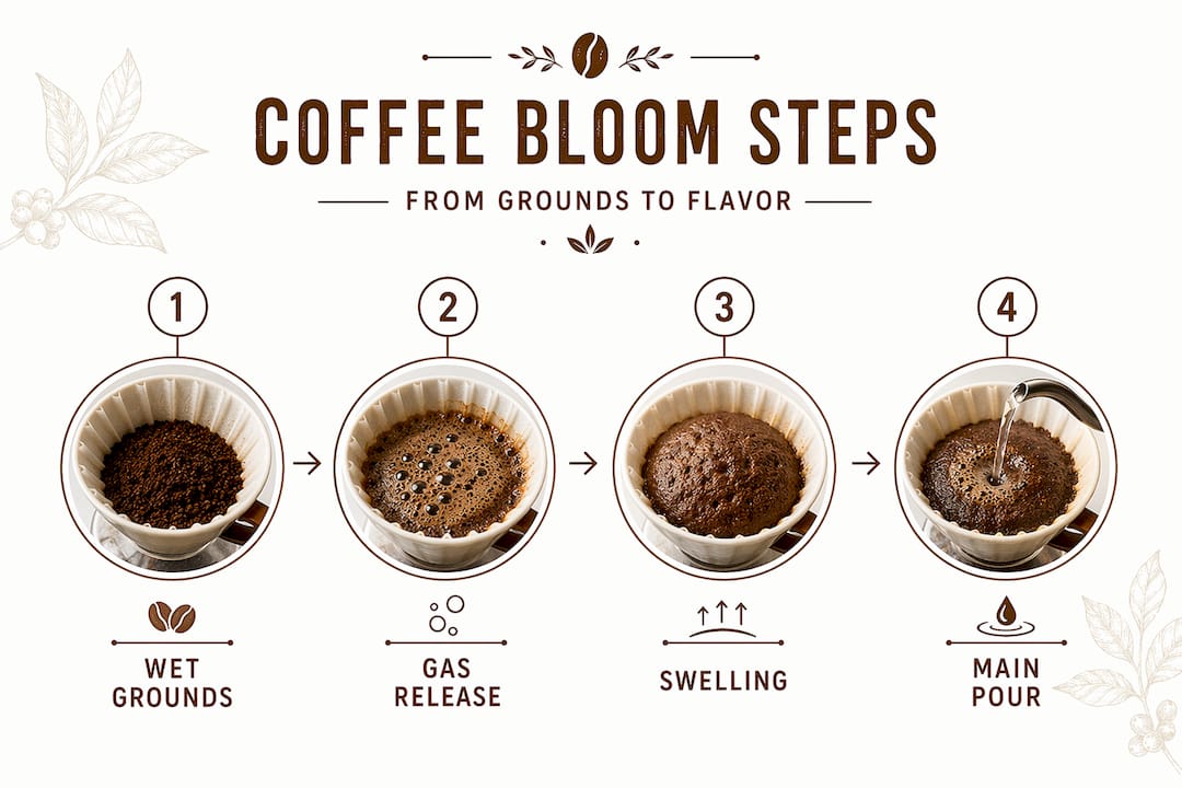 Infographic showing coffee bloom process steps
