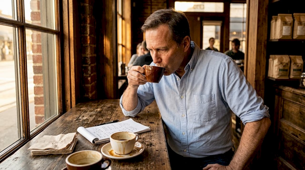 Person slurping coffee in busy café