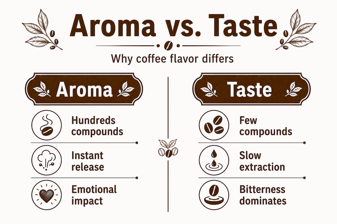 Infographic showing coffee aroma versus taste differences
