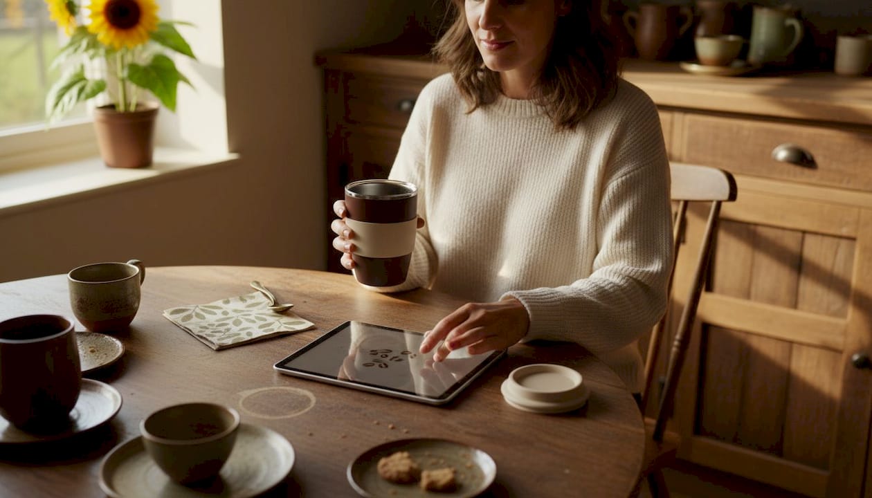 Woman holding insulated mug at kitchen table