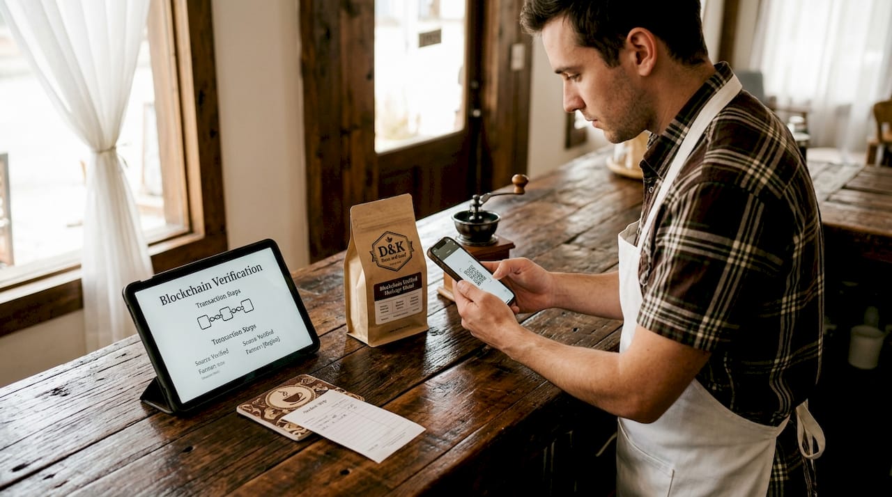 Barista uses phone to verify coffee origin