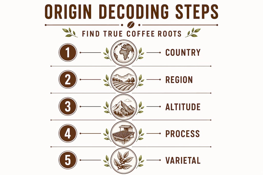 Infographic showing steps to decode coffee origins