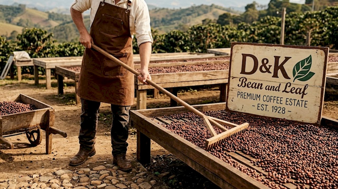 Worker spreading coffee beans on drying beds