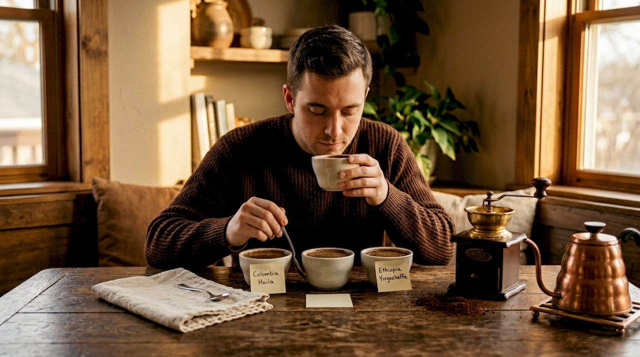 Home coffee cupping tasting scene with three coffees