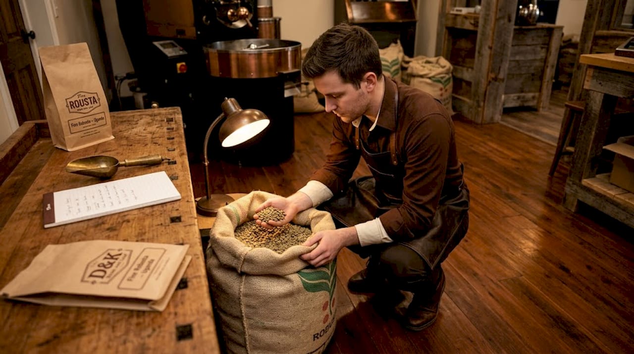 Roaster inspecting specialty robusta beans