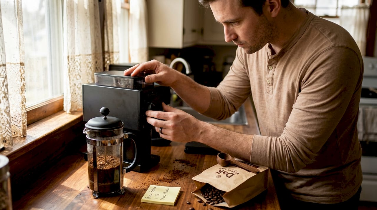 Man adjusting coffee grinder in home kitchen