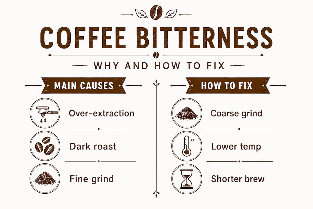Infographic comparing coffee bitterness causes and solutions