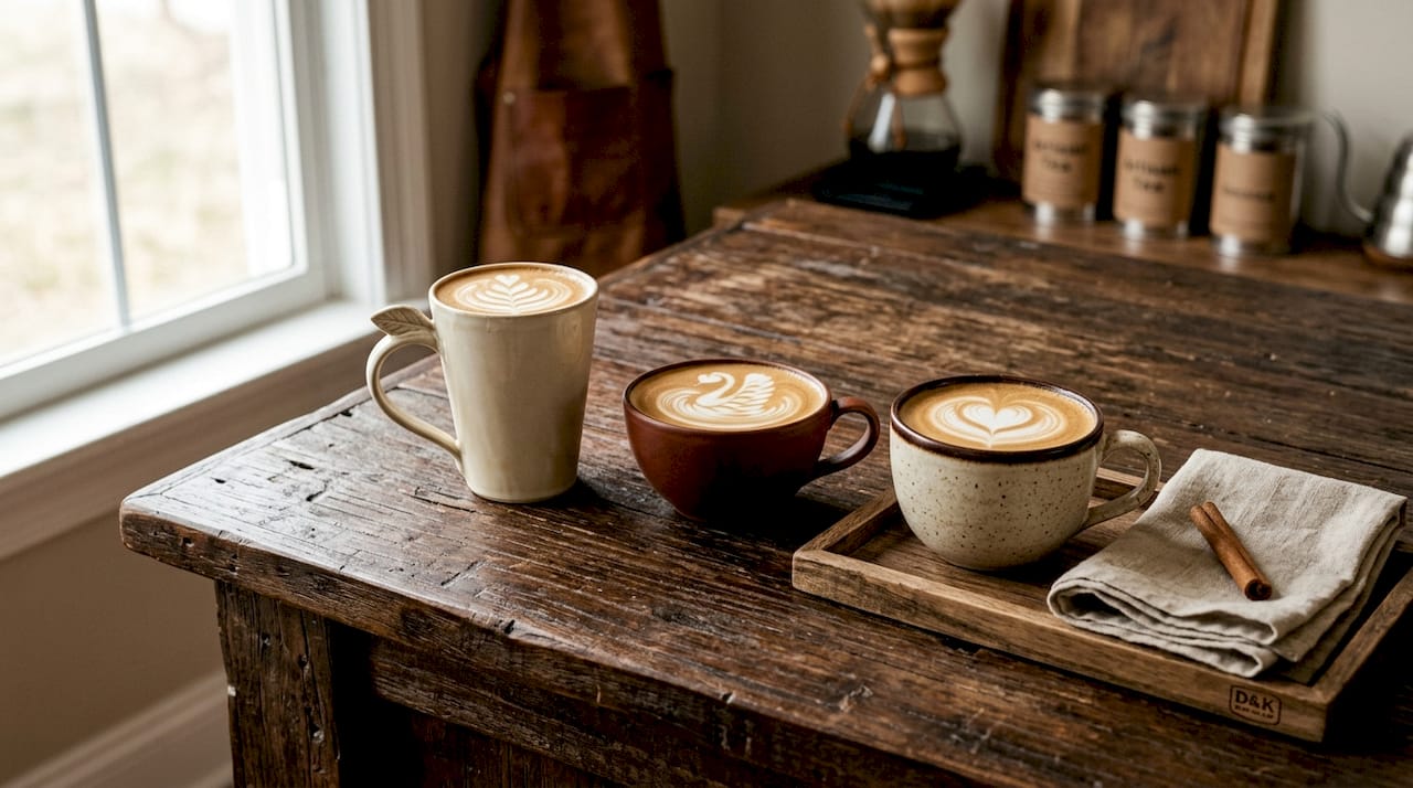 Three latte mugs in varied shapes