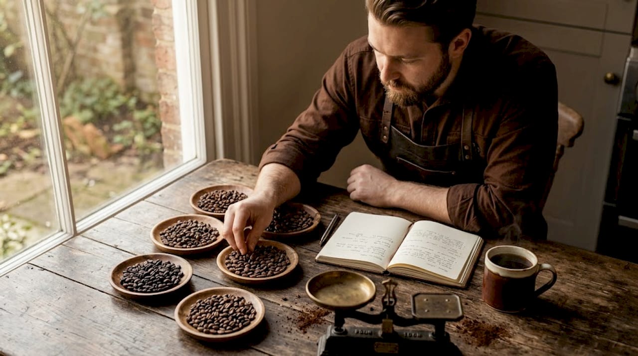 Man inspecting roasted coffee beans on counter