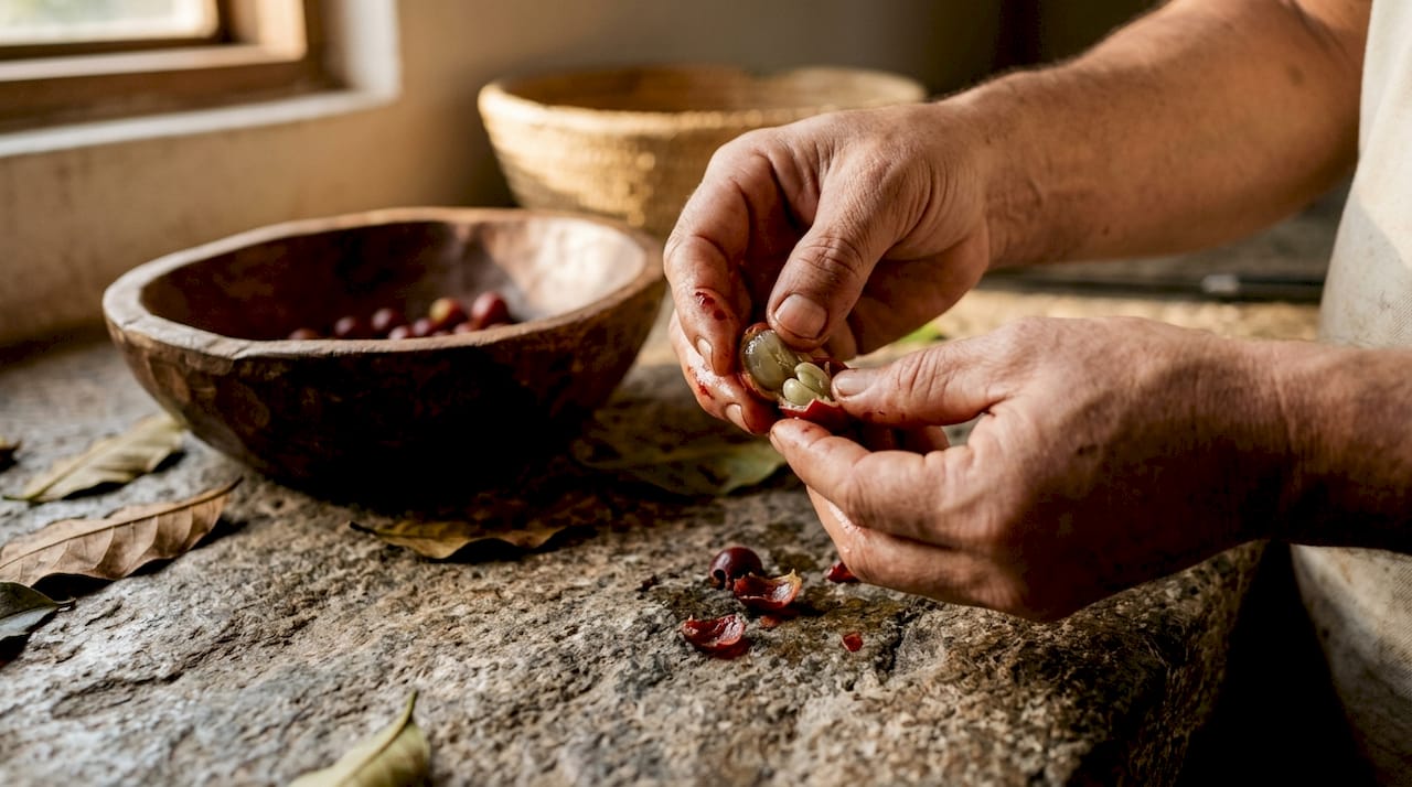Hands splitting open coffee cherry fruit