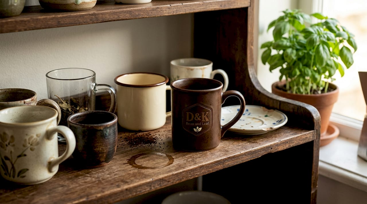 Assorted coffee mugs on kitchen shelf