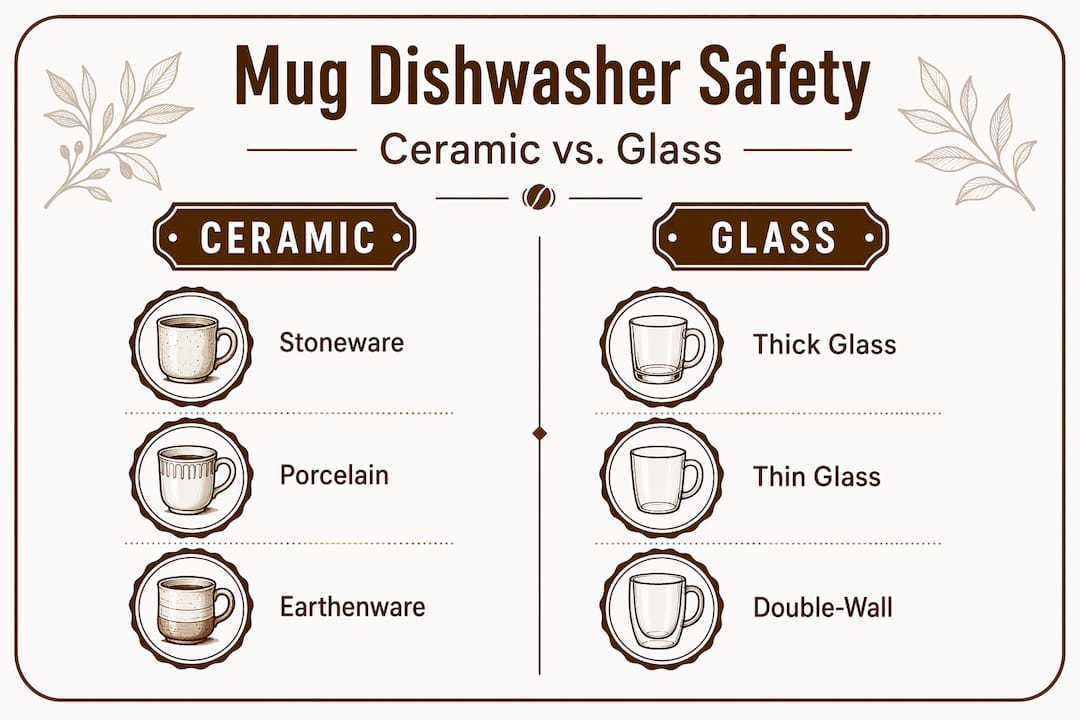 Ceramic and glass mugs dishwasher safety comparison infographic