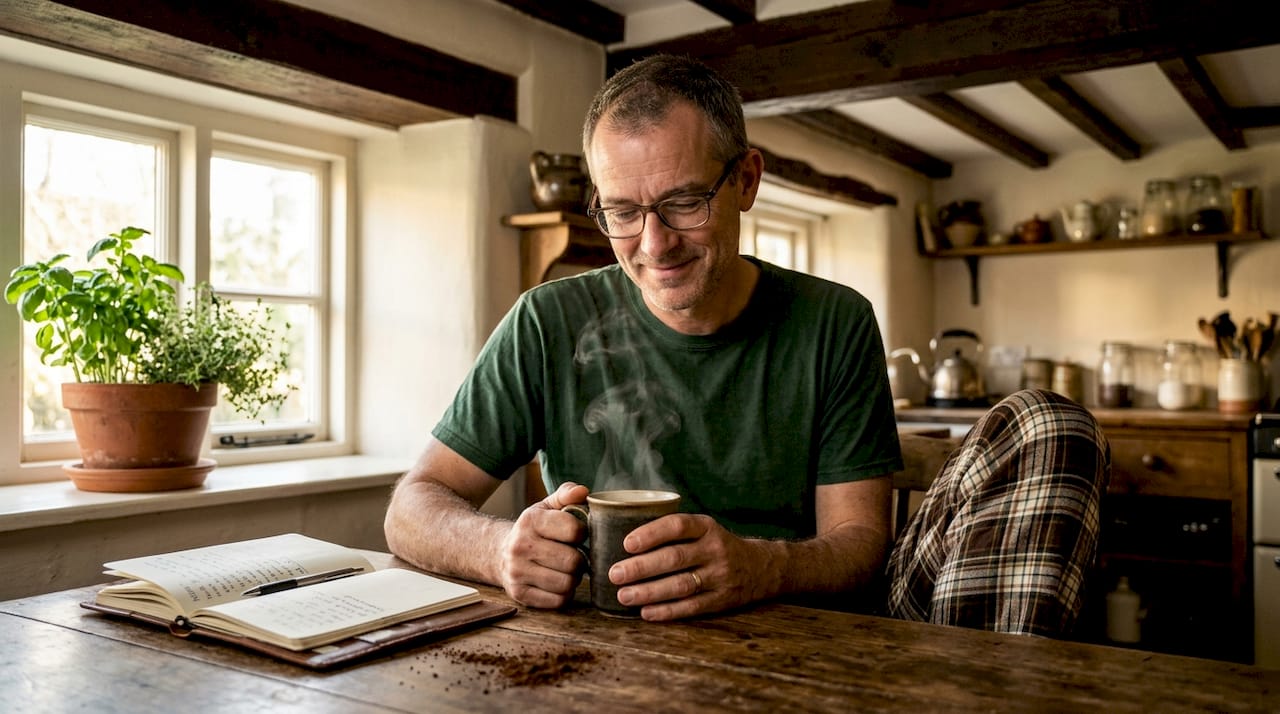 Man holding favorite morning coffee mug
