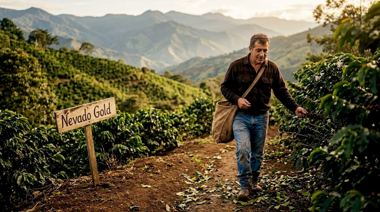 Farm worker harvesting Colombian coffee beans