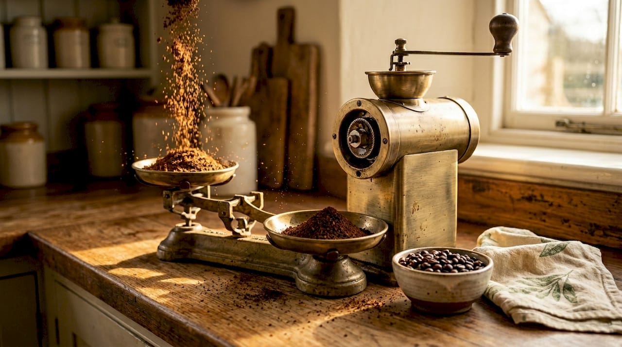Close-up of burr coffee grinder in kitchen