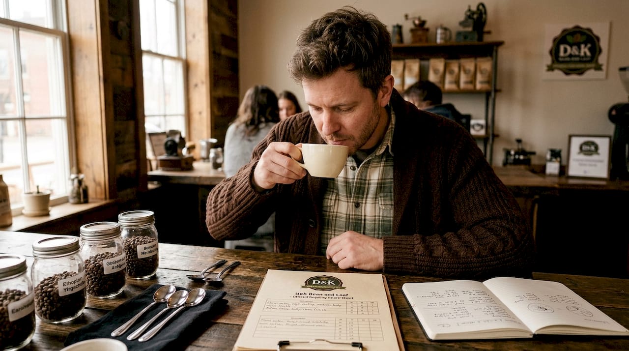 Coffee cupper conducting sensory evaluation with notes