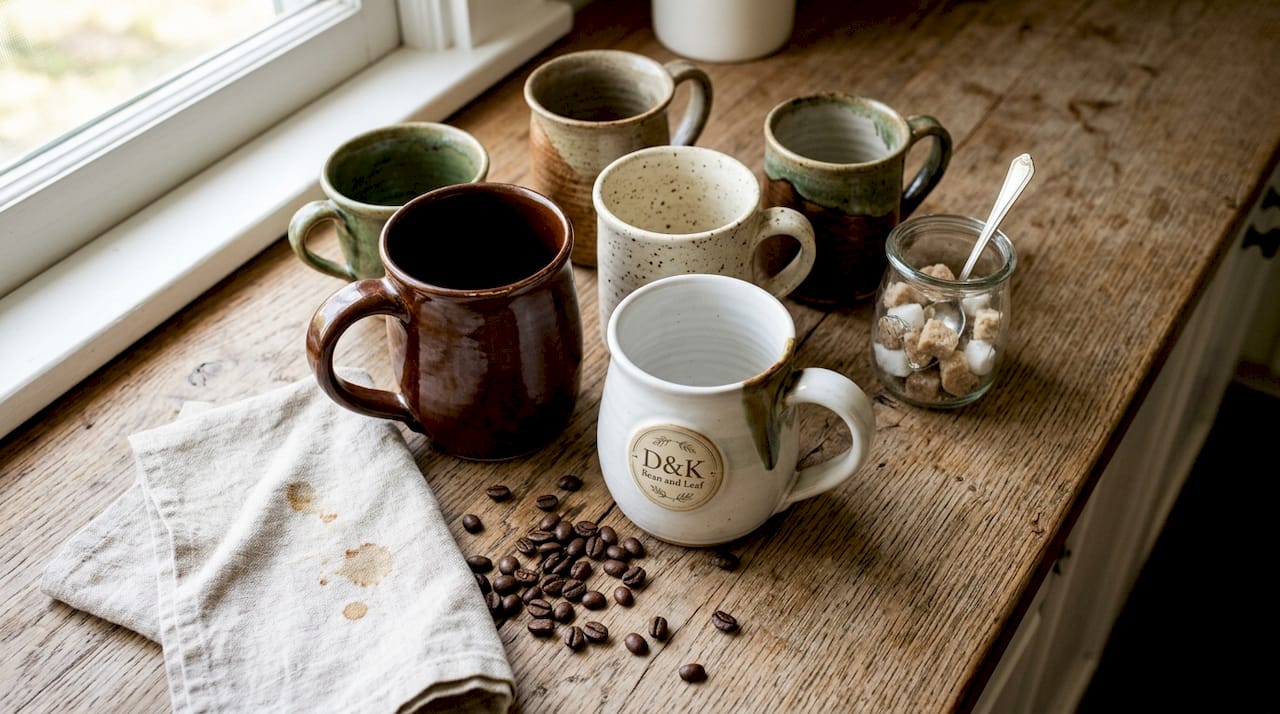 Variety of ceramic coffee mugs on kitchen counter