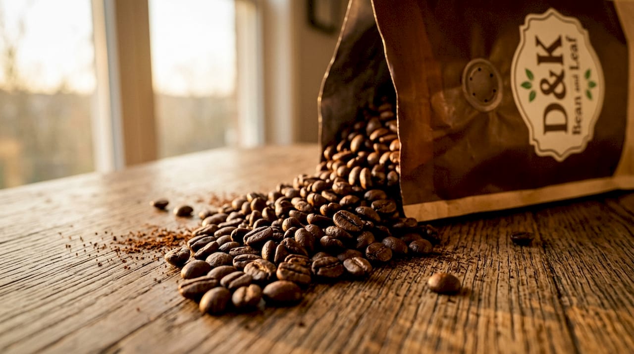 Close-up of roasted coffee beans spilling from bag