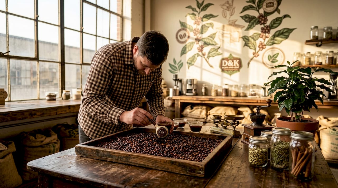 Barista inspecting fermented coffee beans tray