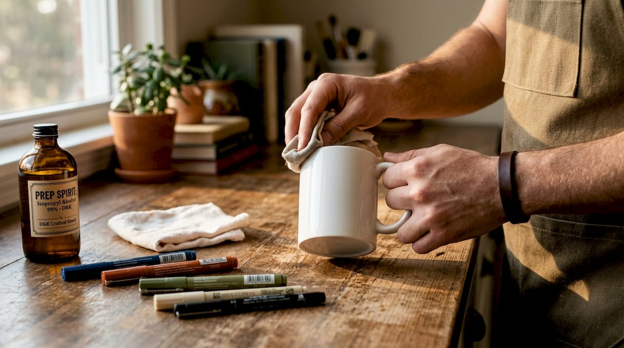 Hands wiping coffee mug surface with alcohol pad